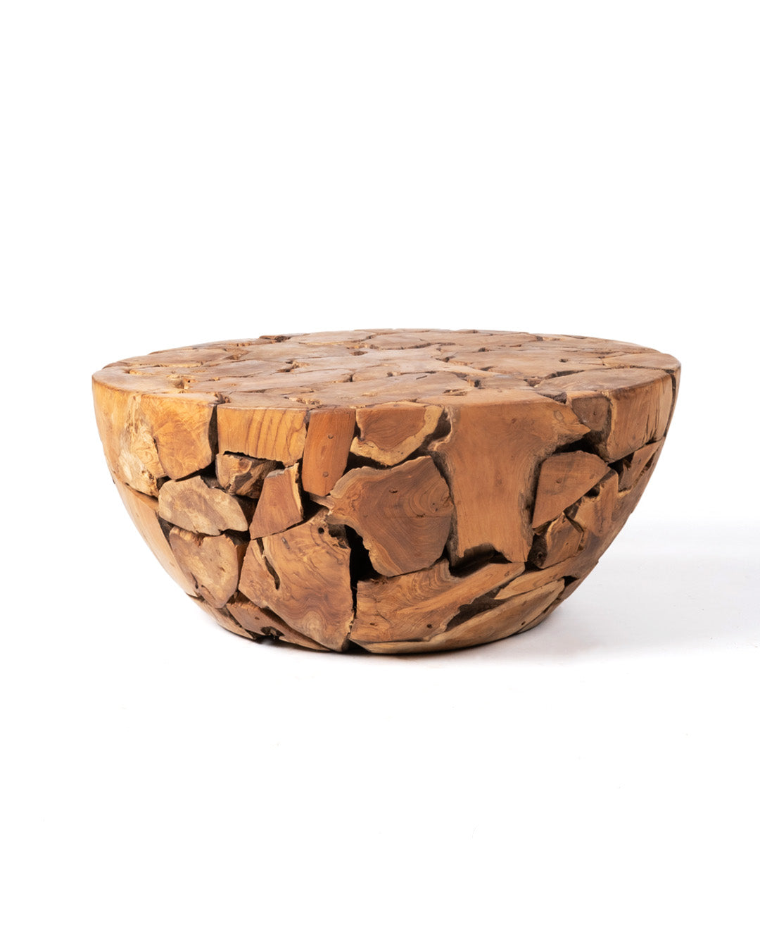 Mesa de centro de madera maciza natural de samán rustica Banbalo redonda, hecha a mano con acabado natural,43 cm Alto 100 cm Diámetro , origen Indonesia