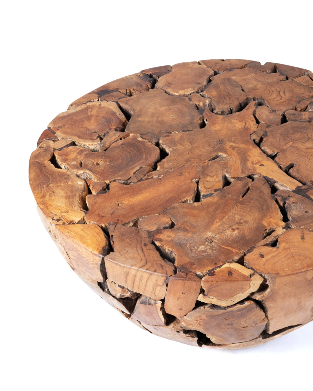 Mesa de centro de madera maciza natural de samán rustica Banbalo redonda, hecha a mano con acabado natural,43 cm Alto 100 cm Diámetro , origen Indonesia