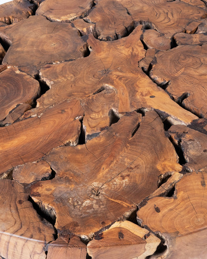 Mesa de centro de madera maciza natural de samán rustica Banbalo redonda, hecha a mano con acabado natural,43 cm Alto 100 cm Diámetro , origen Indonesia