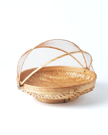 Panera de bambú natural con persiana de malla Magelang redonda, hecho a mano con acabado natural, fabricado en Indonesia