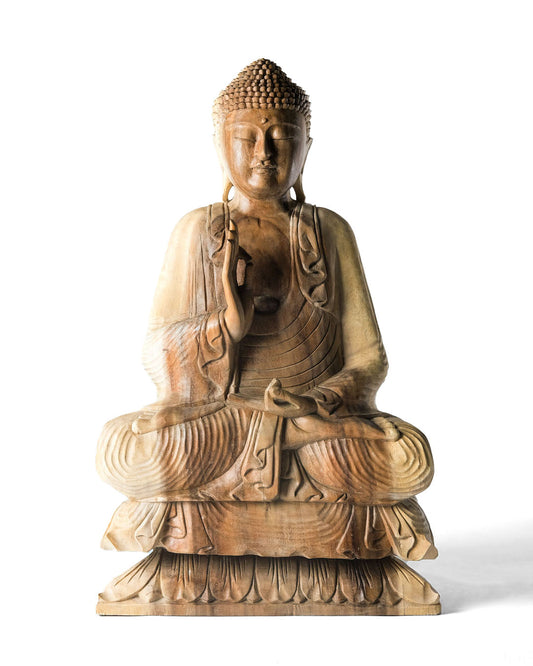 Estatua de madera natural de samán Buda 80 cm de altura, tallada a mano por artesanos en una sola pieza, acabado natural, diferentes mudras, fabricado en Indonesia