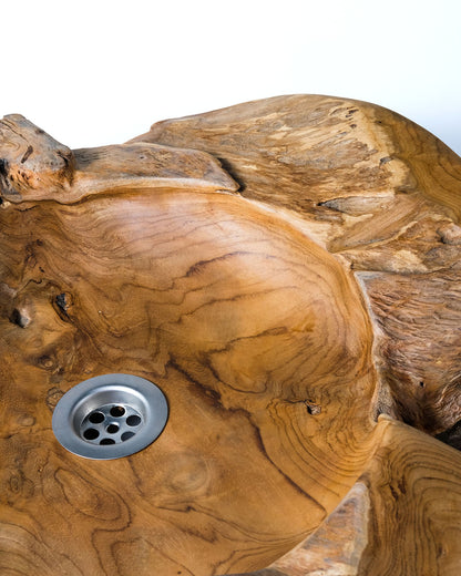 Lavabo encimera de madera natural de teca Kuta, hecho a mano, altura 13 cm diámetro 46 cm, origen Indonesia