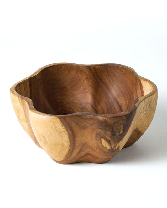 Bowl de madera de teca natural maciza con forma de flor, acabado natural, 19 cm de diámetro, hecho en Indonesia