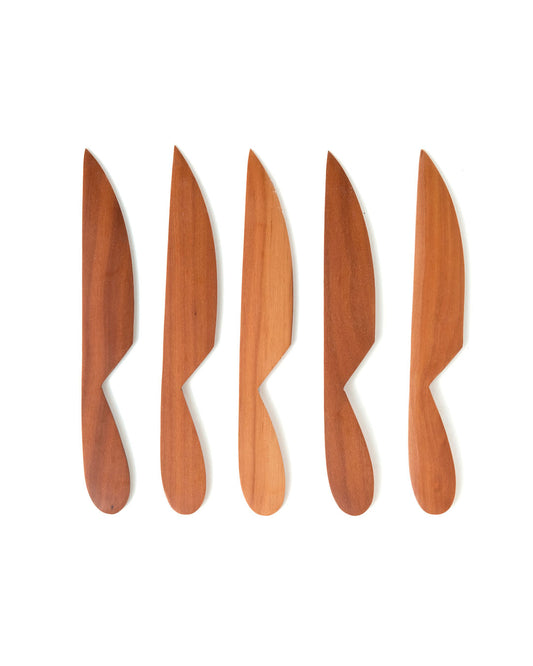Set de 5 cuchillos de mantequilla de madera natural de Sawo, para desayuno, untador, hechos a mano, largo 18 cm profundidad 2,5 cm, fabricado en Indonesia