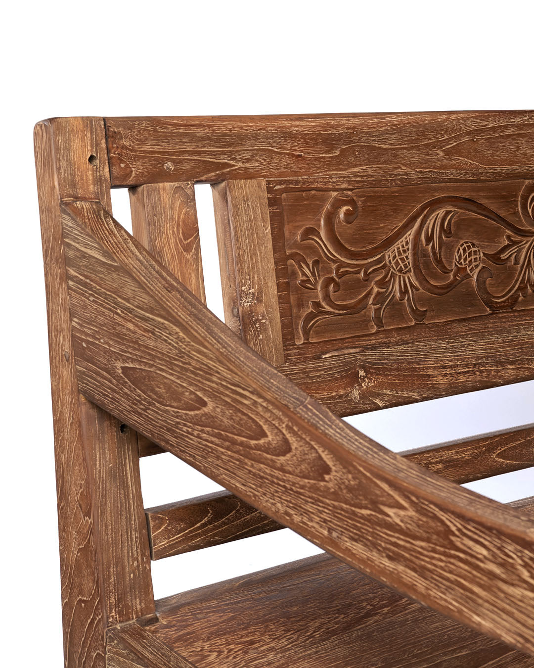 sofa de madera natural macizo de teca Batu Karas, tallado a mano con apoya brazos y respaldo, acabado natural, altura 85 cm largo 205 cm ancho 100 cm, fabricado en Indonesia