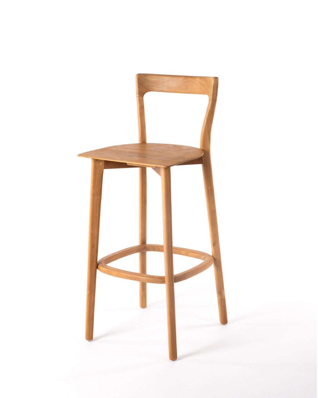 Taburete de madera macizo de teca Borneo, hecho a mano con respaldo, 103 cm de alto x 43 cm de profundidad, origen Indonesia