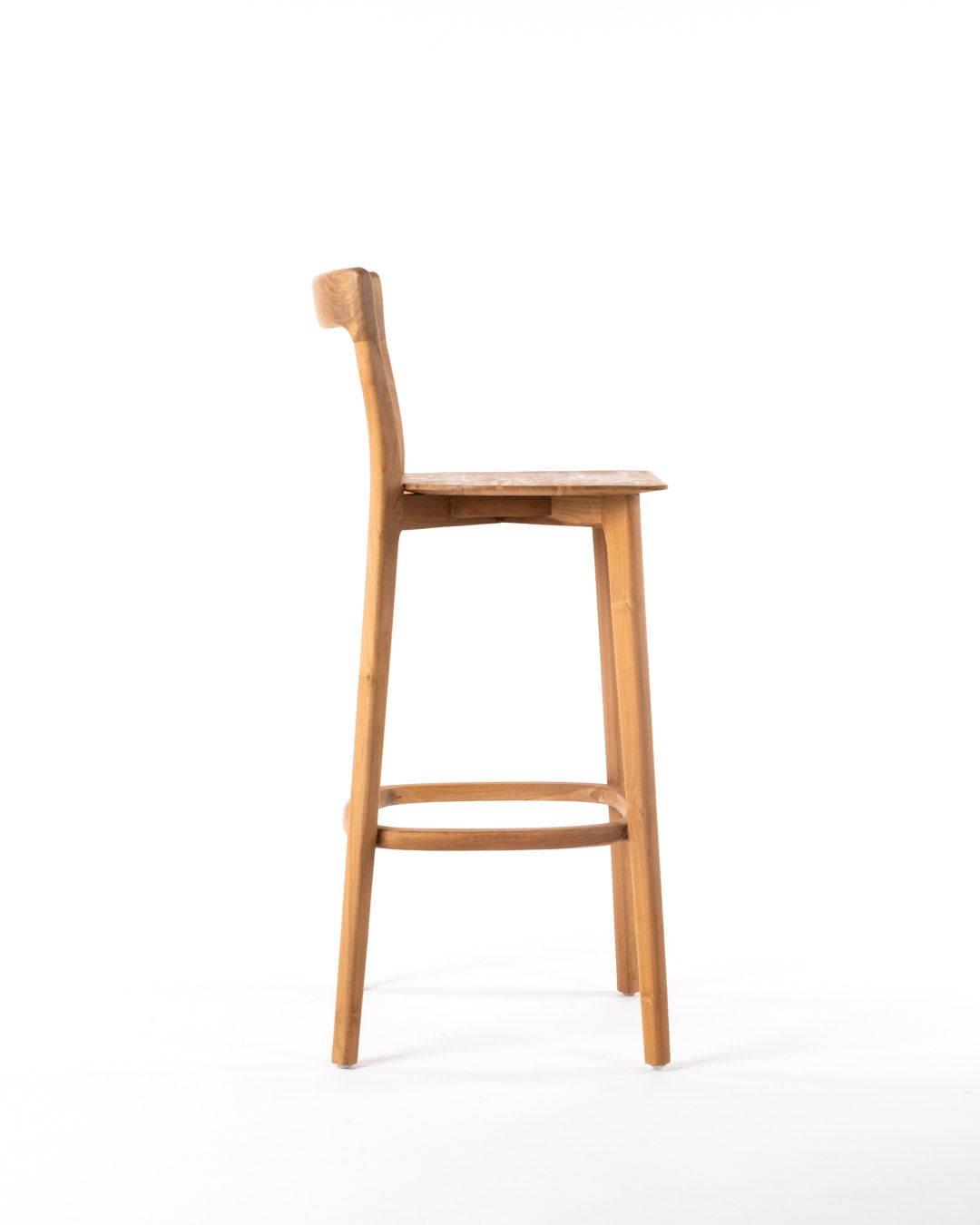 Taburete de madera macizo de teca Borneo, hecho a mano con respaldo, 103 cm de alto x 43 cm de profundidad, origen Indonesia