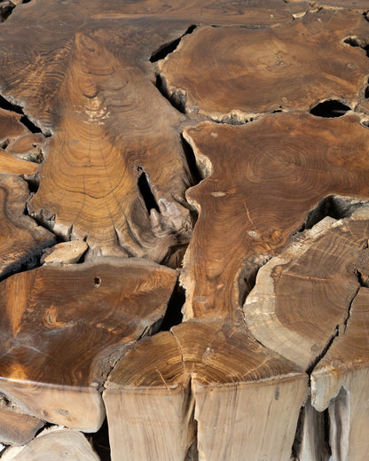 ULTIMA UNIDAD DISPONIBLE! Mesa de centro de madera maciza natural de teca Celebes tronco rustico, hecho a mano con acabado natural, 45 cm Alto 150 cm Diámetro 20 cm Espesor mesa, origen Indonesia