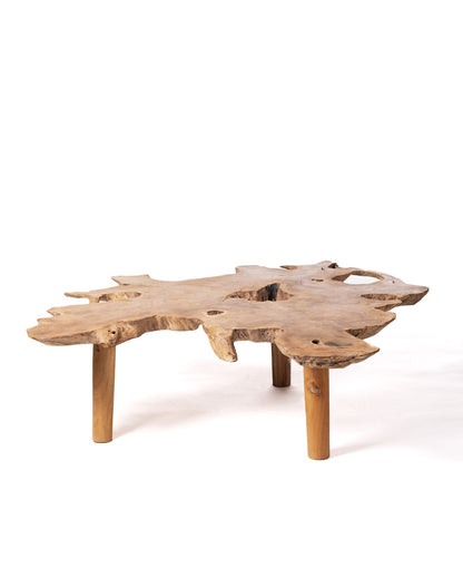 Mesa de centro de madera maciza natural de teca Taipa tronco rustico, hecha a mano con acabado natural y patas de madera, diferentes medidas disponibles, origen Indonesia