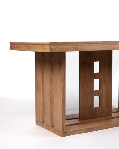 Mesa de comedor de madera maciza natural de teca Labua rectangular, hecha a mano con acabado natural, 80 cm Alto 150 cm Largo 79 cm Profundidad, origen Indonesia