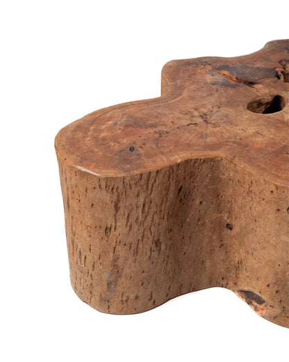 Mesa de centro de madera maciza natural de teca Taliabu tronco rustico, hecha a mano con acabado natural, 40 cm Alto 108 cm Largo 76 cm Profundidad, origen Indonesia