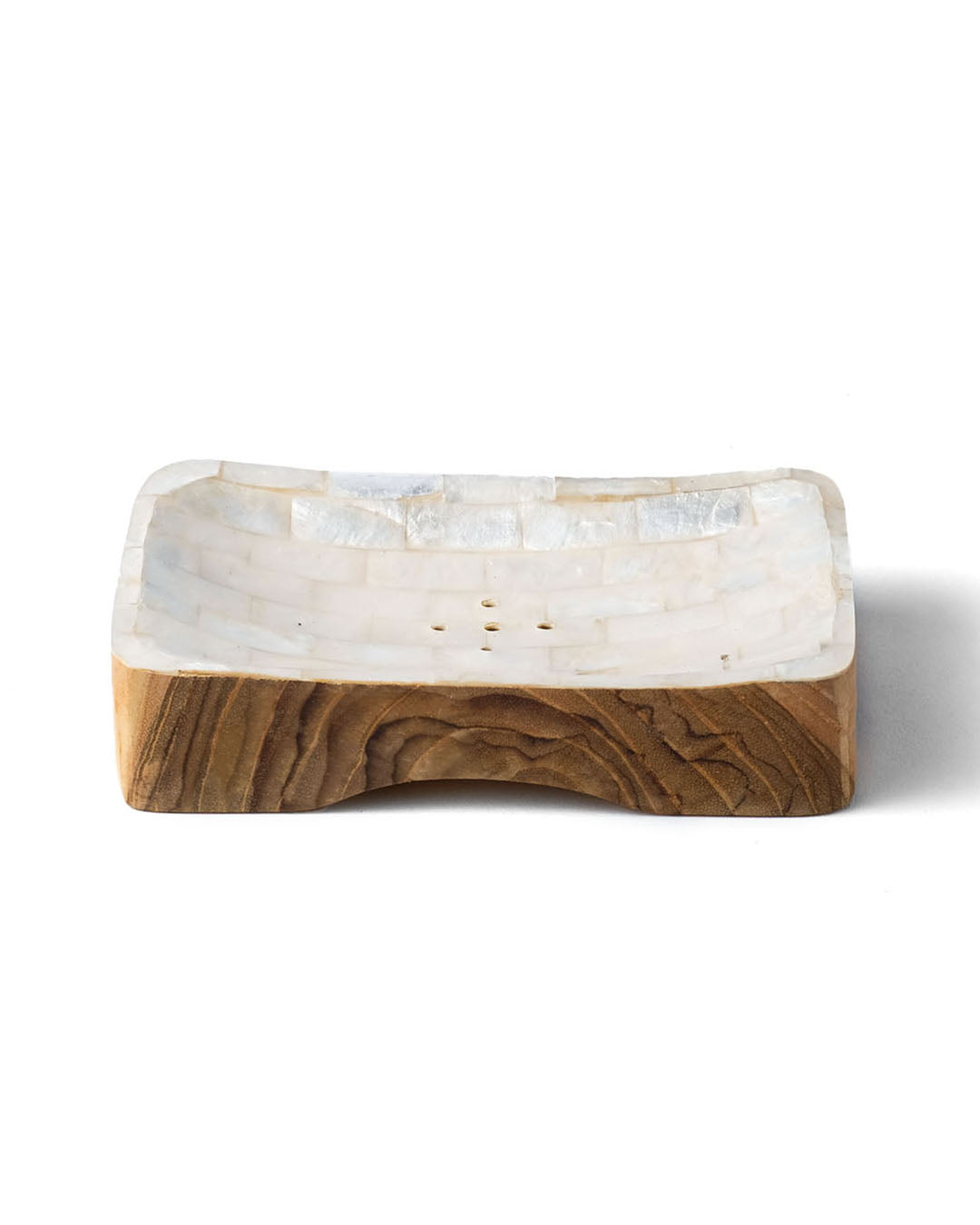 Jabonera de nácar y madera natural con drenaje Muara rectangular, hecho a mano con acabado en blanco y blanco y dorado, largo 12 cm ancho 7,5 cm, origen Indonesia