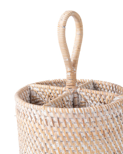 Organizador cesto portacubiertos de ratán 100% natural Banten redondo con agarre para transportar a la mesa, hecho a mano con acabado en blanco o natura, altura 28 cm diámetro 18 cm, fabricado en Indo nesia