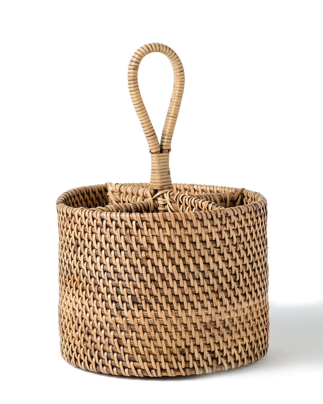 Organizador cesto portacubiertos de ratán 100% natural Banten redondo con agarre para transportar a la mesa, hecho a mano con acabado en blanco o natura, altura 28 cm diámetro 18 cm, fabricado en Indo nesia