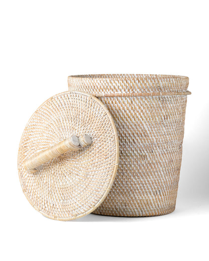 Cesto de ratán 100% natural Java decorativo con tapa con agarre, hecho a mano en acabado natural o blanco, diámetro 26 x altura 33, fabricado en Indonesia