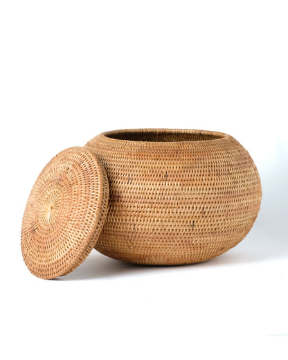 Bowl de ratán natural 100% con tapa Sumbawa decorativo, ovalado, tejido a mano, acabado natural, 30 cm de diámetro, hecho en Indonesia