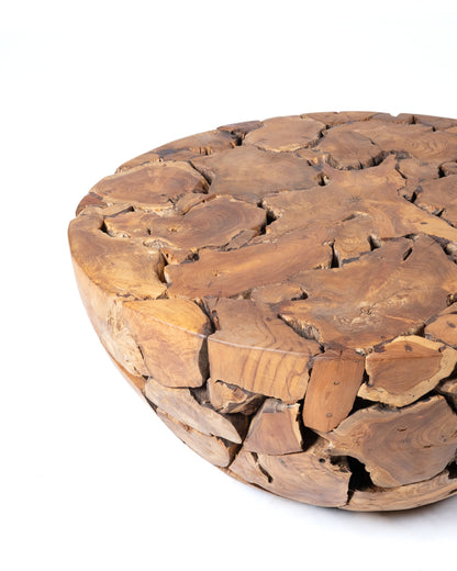 Mesa de centro de madera maciza natural de samán rustica Banbalo redonda, hecha a mano con acabado natural,43 cm Alto 100 cm Diámetro , origen Indonesia