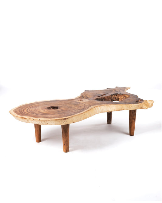 Mesa de centro de madera maciza natural de samán Moni tronco rustico, hecha a mano con acabado natural y patas de madera, 46 cm Alto 200 cm Largo 100 cm Profundidad, origen Indonesia