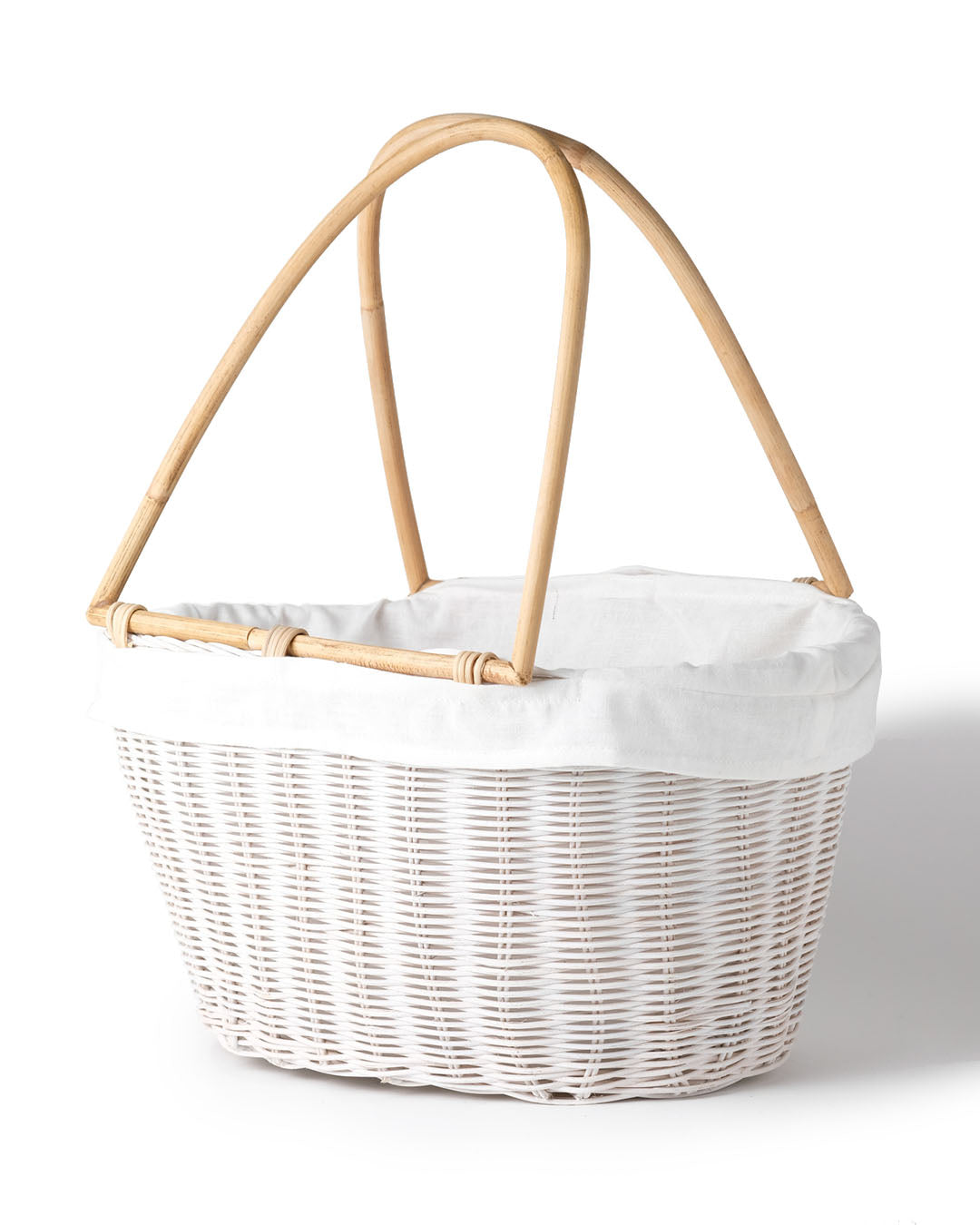 Cesta de ratán 100% natural Halmahera decorativa con asas de bambú y funda interior de tela, hecha a mano  con fibras naturales, forma ovalada, acabados en color natural, blanco y negro, Alto 38 cm Ancho 41 cm Profundidad 25 cm, fabricado Indonesia