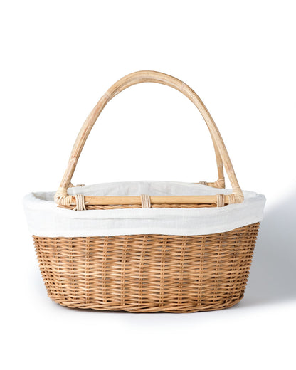 Cesta de ratán 100% natural Halmahera decorativa con asas de bambú y funda interior de tela, hecha a mano  con fibras naturales, forma ovalada, acabados en color natural, blanco y negro, Alto 38 cm Ancho 41 cm Profundidad 25 cm, fabricado Indonesia