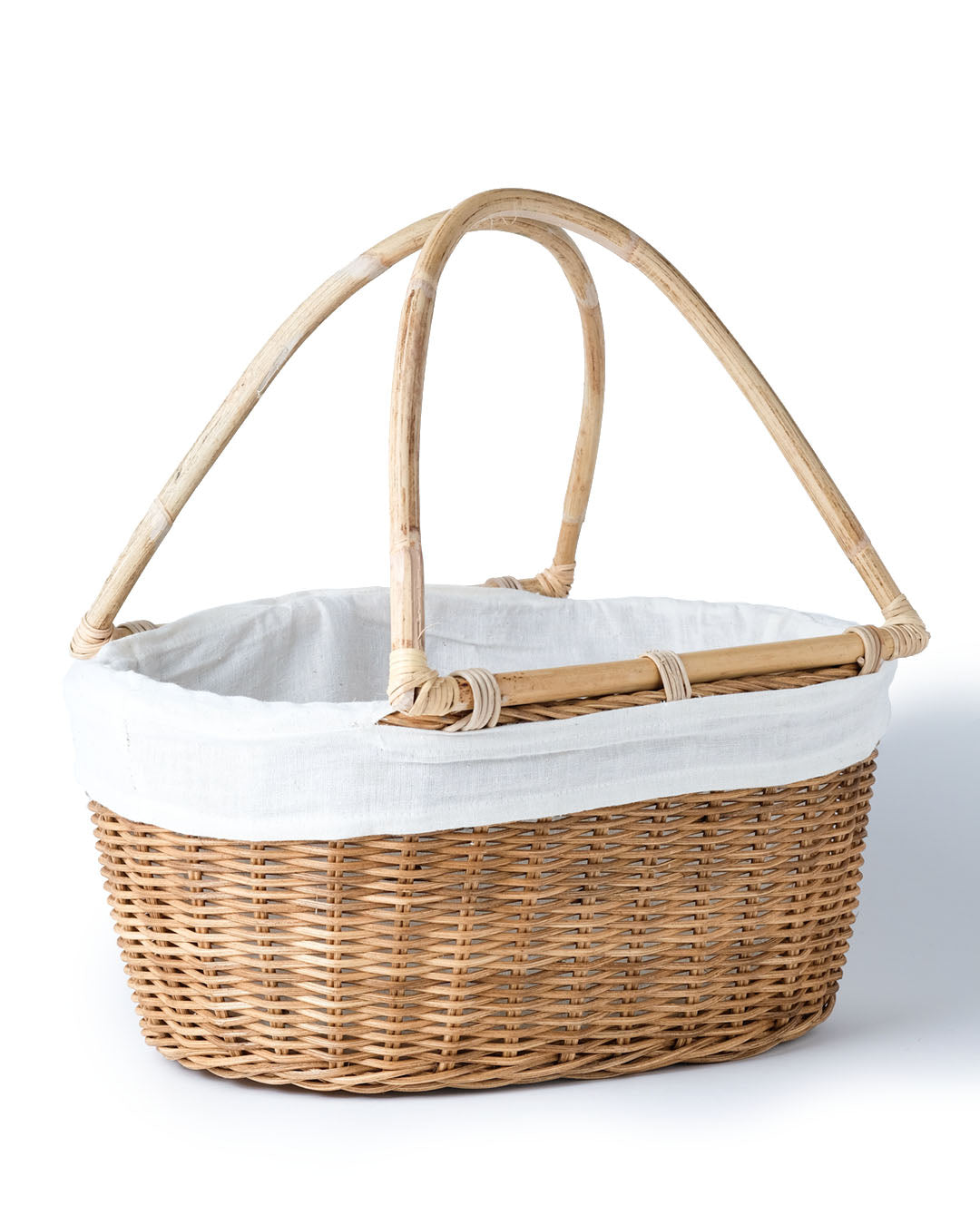 Cesta de ratán 100% natural Halmahera decorativa con asas de bambú y funda interior de tela, hecha a mano  con fibras naturales, forma ovalada, acabados en color natural, blanco y negro, Alto 38 cm Ancho 41 cm Profundidad 25 cm, fabricado Indonesia