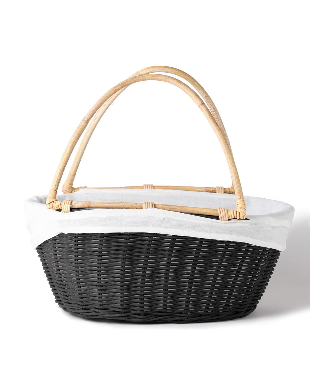 Cesta de ratán 100% natural Halmahera decorativa con asas de bambú y funda interior de tela, hecha a mano  con fibras naturales, forma ovalada, acabados en color natural, blanco y negro, Alto 38 cm Ancho 41 cm Profundidad 25 cm, fabricado Indonesia