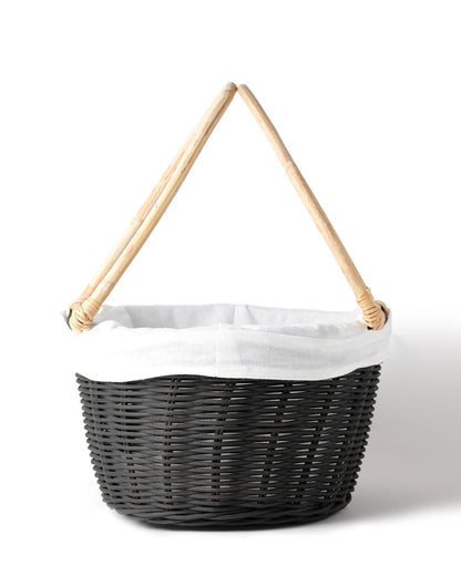 Cesta de ratán 100% natural Halmahera decorativa con asas de bambú y funda interior de tela, hecha a mano  con fibras naturales, forma ovalada, acabados en color natural, blanco y negro, Alto 38 cm Ancho 41 cm Profundidad 25 cm, fabricado Indonesia