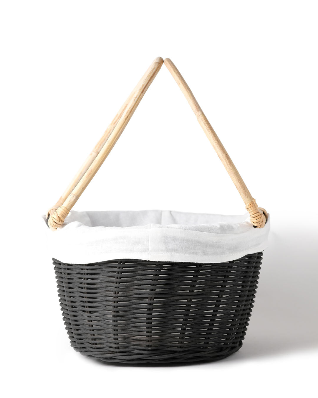 Cesta de ratán 100% natural Halmahera decorativa con asas de bambú y funda interior de tela, hecha a mano  con fibras naturales, forma ovalada, acabados en color natural, blanco y negro, Alto 38 cm Ancho 41 cm Profundidad 25 cm, fabricado Indonesia