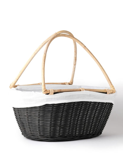 Cesta de ratán 100% natural Halmahera decorativa con asas de bambú y funda interior de tela, hecha a mano  con fibras naturales, forma ovalada, acabados en color natural, blanco y negro, Alto 38 cm Ancho 41 cm Profundidad 25 cm, fabricado Indonesia