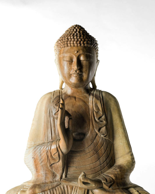 Estatua de madera natural de Samán Buda decorativa, tallado a mano por artesanos en una sola pieza en varias medidas con alturas diferentes , fabricado en Indonesia