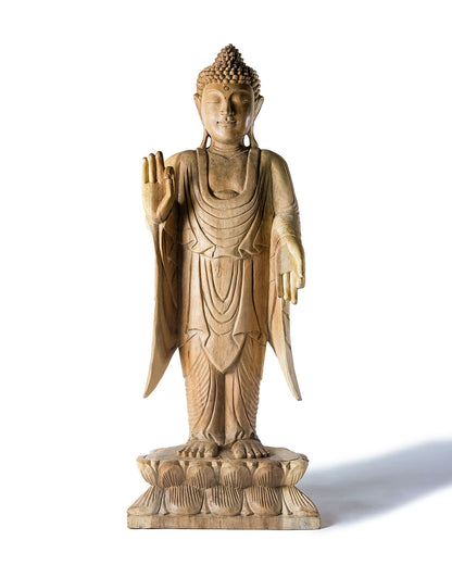 Estatua de madera natural de samán  Buda 60 cm de altura decorativa, tallada a mano por artesanos en una sola pieza, diferentes mudras, acabado natural, fabricado en Indonesia