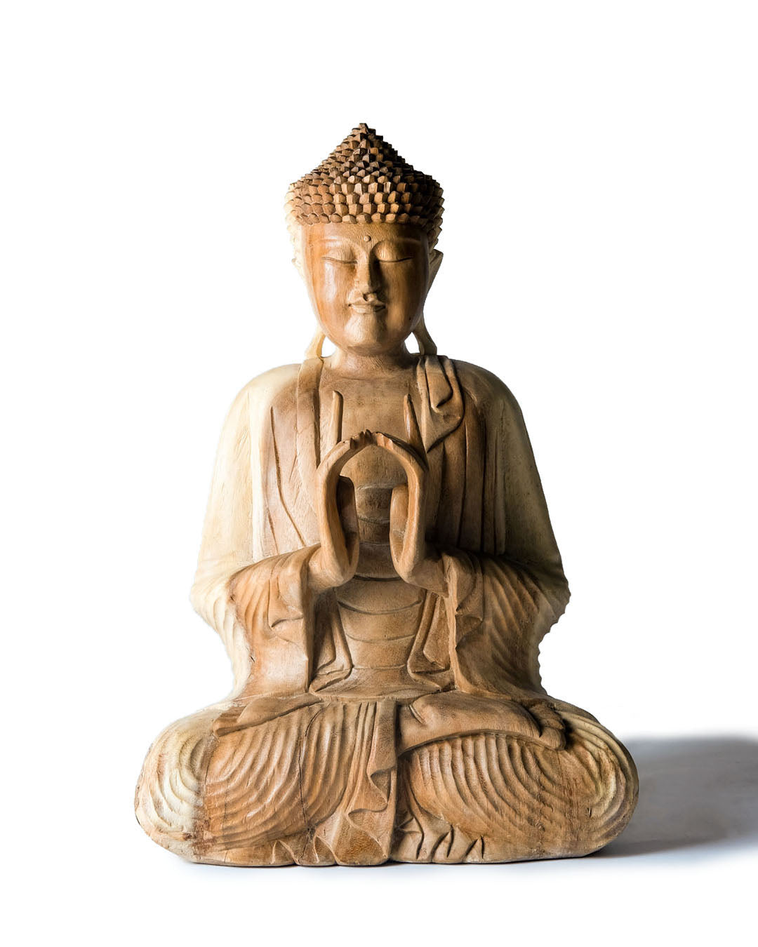 Estatua de madera natural de samán  Buda 60 cm de altura decorativa, tallada a mano por artesanos en una sola pieza, diferentes mudras, acabado natural, fabricado en Indonesia