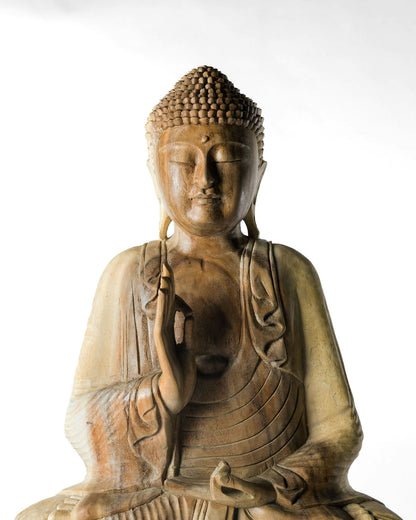 Estatua de madera natural de samán  Buda 60 cm de altura decorativa, tallada a mano por artesanos en una sola pieza, diferentes mudras, acabado natural, fabricado en Indonesia