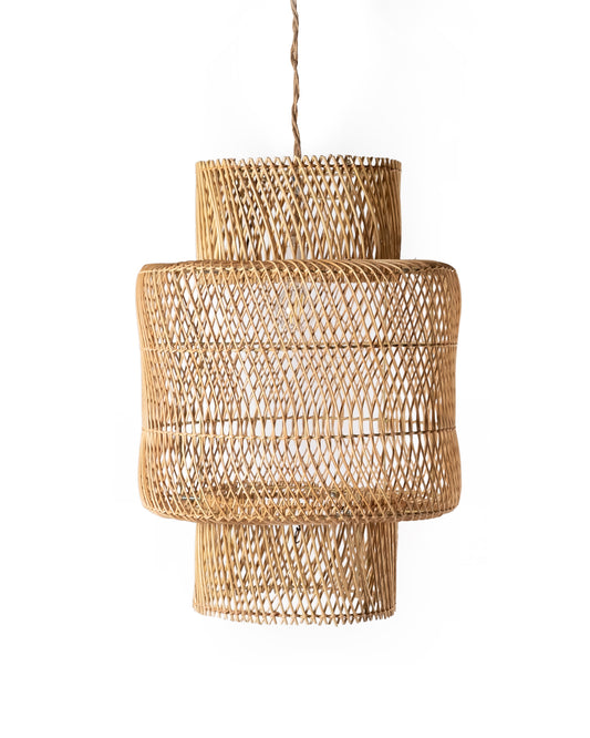Lampara colgante de techo de ratán 100% natural Selashish con forma cilíndrica, hecha a mano con acabado natural, altura 75 cm diámetro 46 cm, origen Indonesia