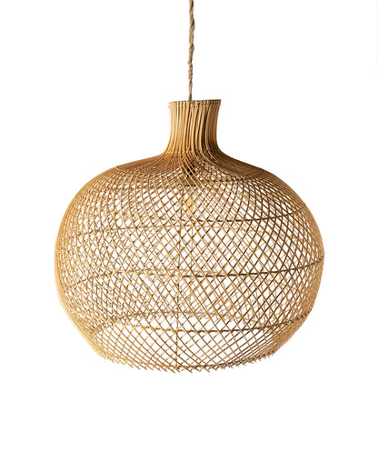 Lámpara colgante de techo de ratán natural Teratai redonda, hecha a mano con acabado natural, altura 64 cm diámetro 63 cm, origen Indonesia