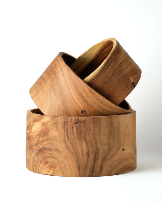 Bowl de madera maciza de saman 100% natural Lombok, acabado natural, hecho a mano, redondo, 3 medidas, fabricado en Indonesia