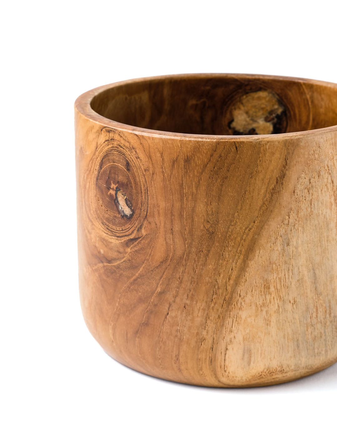 Bowl de madera maciza de teca natural Jombang, cilíndrico, acabado natural, hecho a mano, 15 cm de diámetro, origen Indonesia
