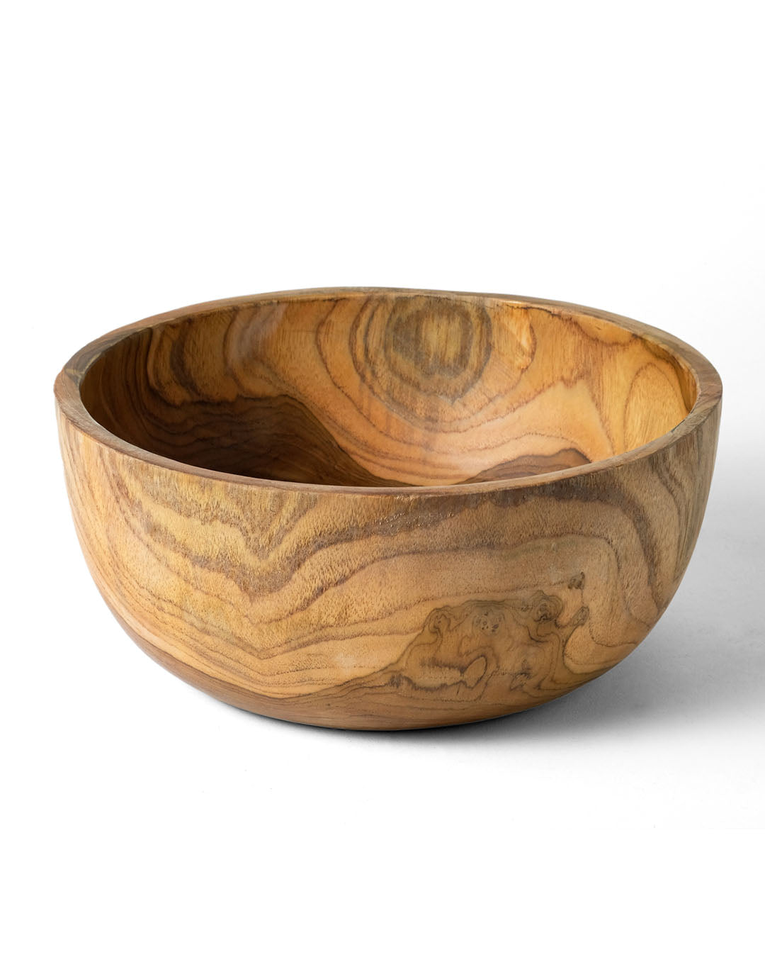 Bowl de madera maciza de teca 100 % natural Kupang, hecho a mano, redondo, acabado natural, diámetro 24 cm, Origen Indonesia