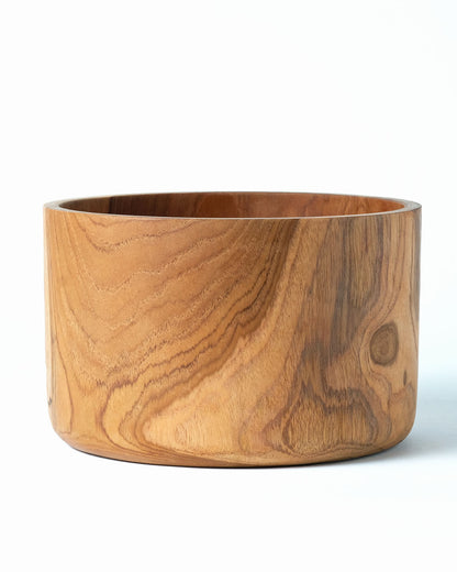 Bowl de madera maciza de teca natural Kudus, hecho a mano, acabado natural, redondo, 22 cm de diámetro, hecho en Indonesia