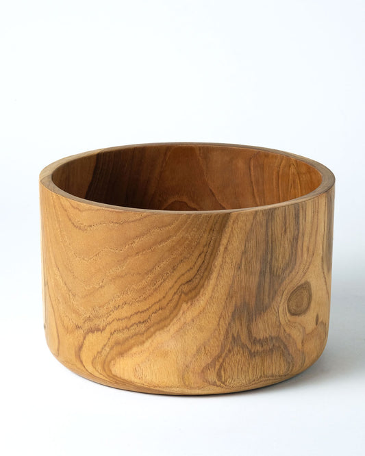 Bowl de madera maciza de teca natural Kudus, hecho a mano, acabado natural, redondo, 22 cm de diámetro, hecho en Indonesia
