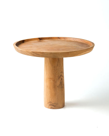 Bandeja de madera maciza de teca natural Ternate con pedestal, hecho a mano, Altura 23 cm, diámetro 28 cm, origen Indonesia