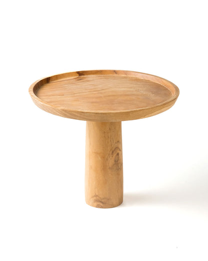 Bandeja de madera maciza de teca natural Ternate con pedestal, hecho a mano, Altura 23 cm, diámetro 28 cm, origen Indonesia