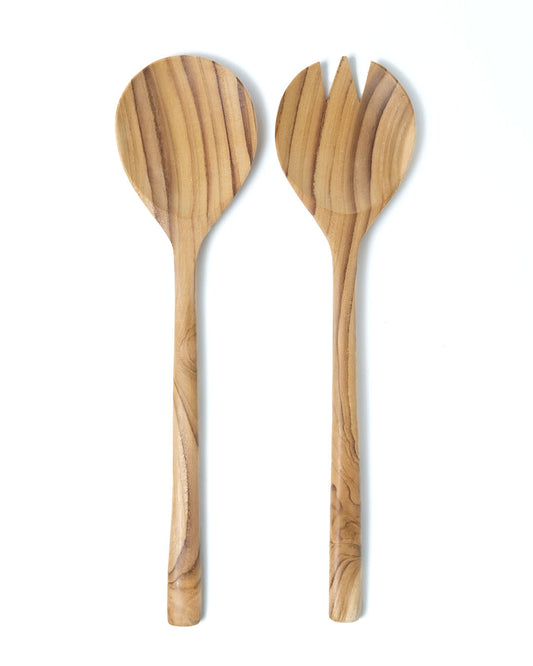 cucharas para ensalada de madera natural de teca Serang, hecho a mano por artesanos y acabado natural,  largo 31 cm ancho 7,5 cm, origen Indonesia