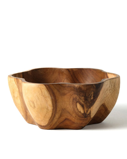 Bowl de madera de teca natural maciza con forma de flor, acabado natural, 19 cm de diámetro, hecho en Indonesia