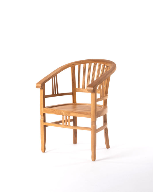 Silla de jardin, comedor, exterior o terraza de madera maciza natural de teca Alor, acabado natural natural con apoya brazos, fabricado en Indonesia