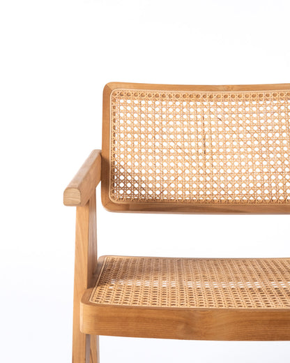 sillón individual madera maciza natural  teca y ratán natural trenzado Bacan con apoya brazos, hecho a mano con acabado natural, fabricado en Indonesia