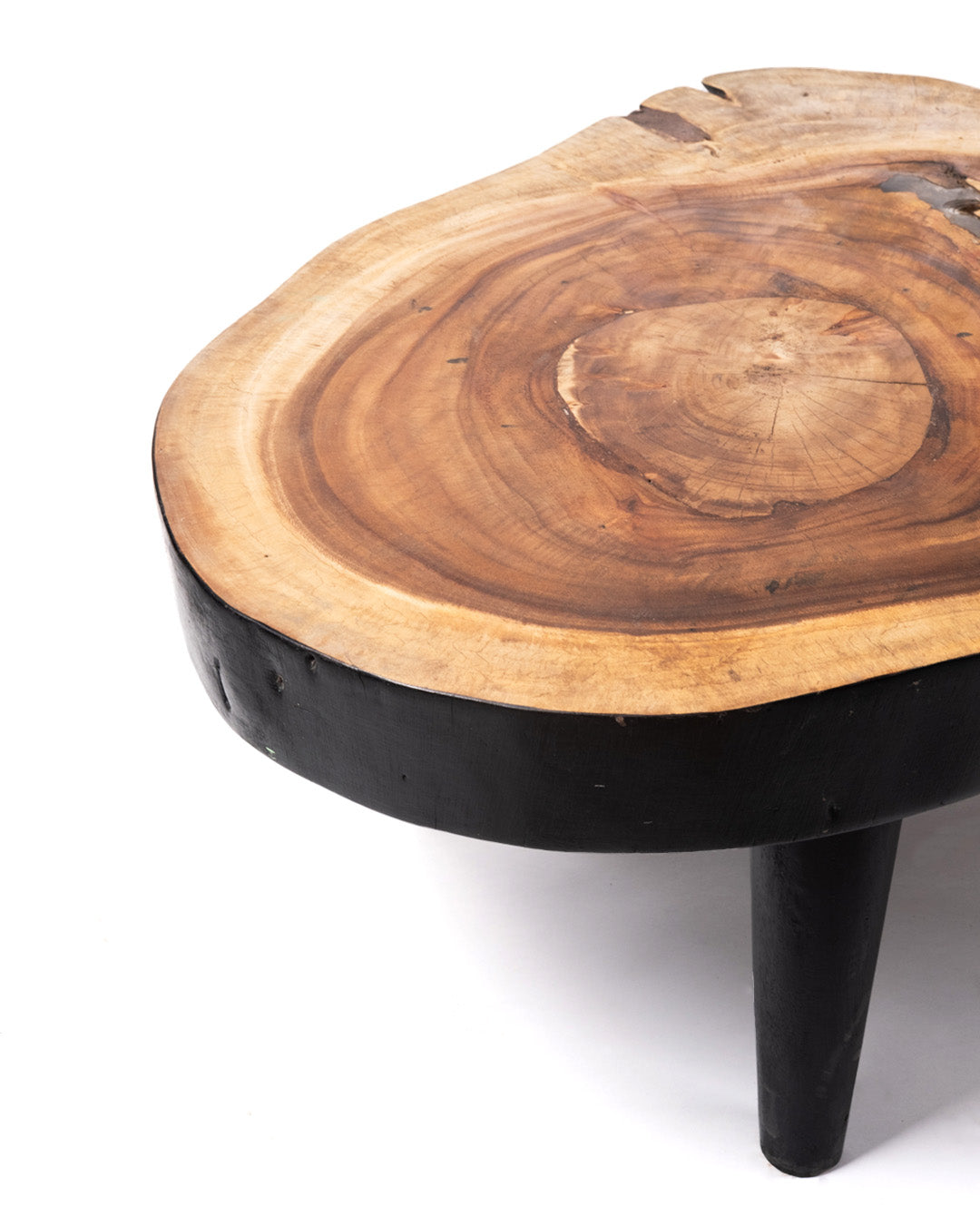 Mesa de centro de madera maciza natural de teca Bau Bau tronco rustico, hecho a mano acabado natural con detalles en negro, disponible en diferentes medidas, origen Indonesia