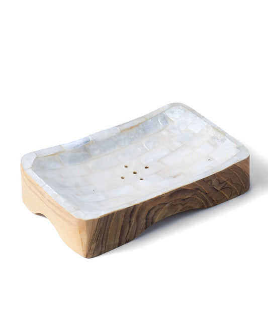 Jabonera de nácar y madera natural con drenaje Muara rectangular, hecho a mano con acabado en blanco y blanco y dorado, largo 12 cm ancho 7,5 cm, origen Indonesia