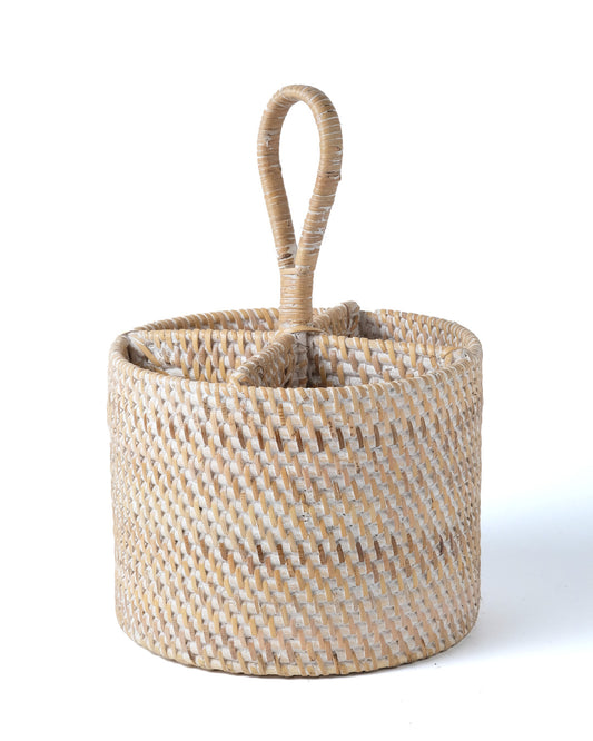 Organizador cesto portacubiertos de ratán 100% natural Banten redondo con agarre para transportar a la mesa, hecho a mano con acabado en blanco o natura, altura 28 cm diámetro 18 cm, fabricado en Indo nesia