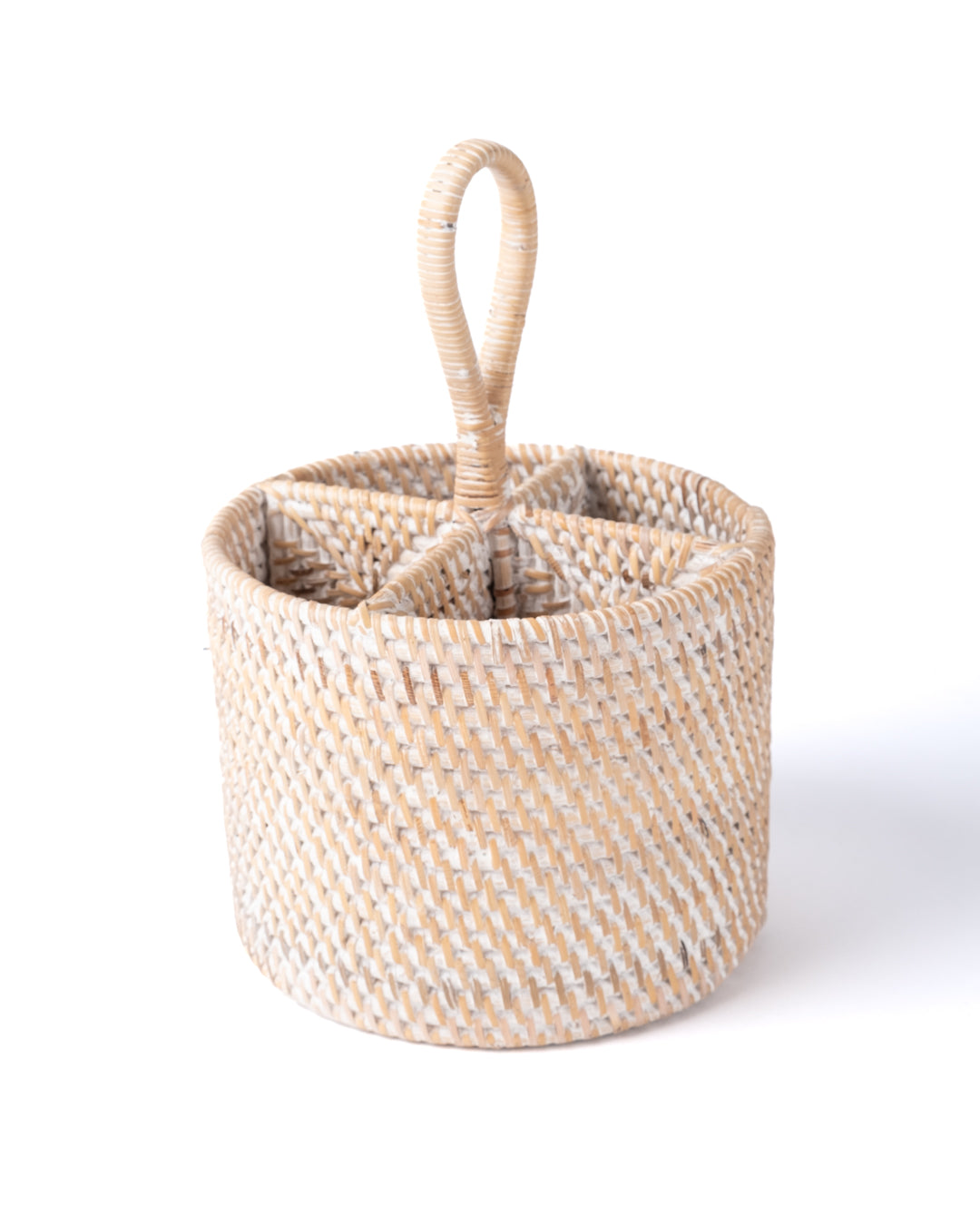 Organizador cesto portacubiertos de ratán 100% natural Banten redondo con agarre para transportar a la mesa, hecho a mano con acabado en blanco o natura, altura 28 cm diámetro 18 cm, fabricado en Indo nesia